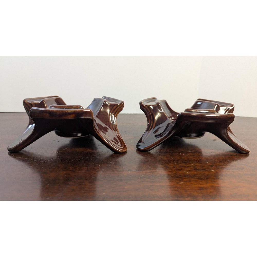 Vintage USA Pottery Candle Holders Brown Drip Glaze Mid Century Rustic Pair - Picture 5 of 8